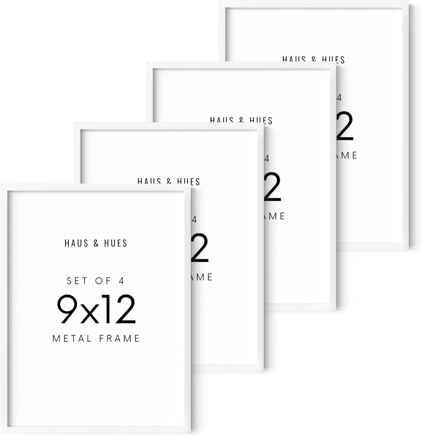 HAUS AND HUES 9x12 White Metal Picture Frames - Features Premium Aluminum, Vertical & Horizontal Hang, Shatterproof Plexiglass - Perfect for Home, Room, Office (9x12 in, White, Set of 4)