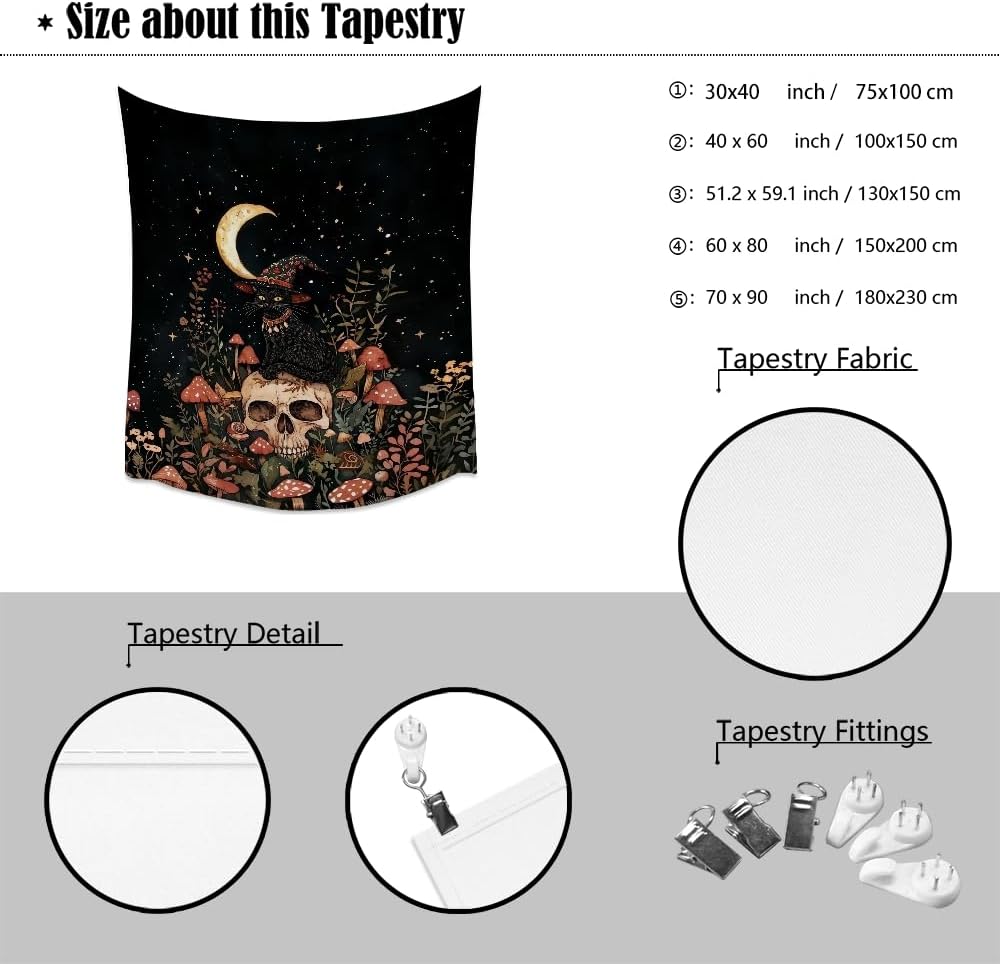 Halloween Witch Cat Tapestry Gothic Skull and Mushroom Artwork Print Spooky Halloween Witchy Wall Hanging Decor Black Cat Crescent Moon art Tapestries for Living Room Bedroom Decoration 30x40inch