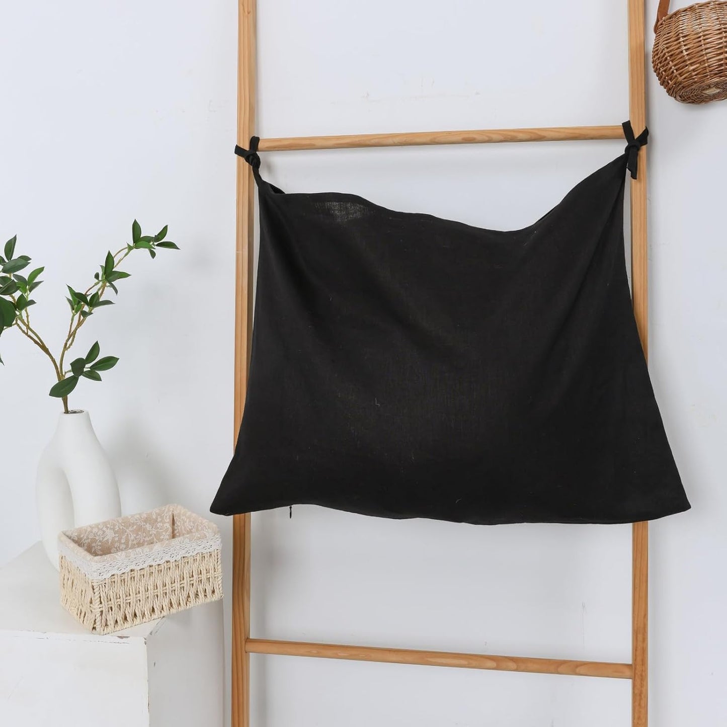 Hanging Linen Laundry Bag, 100% Pure Flax Linen Over The Door Hamper with Bottom Zipper for Laundry Room, Household Dirty Cloth Storage Organizer Bag, Black
