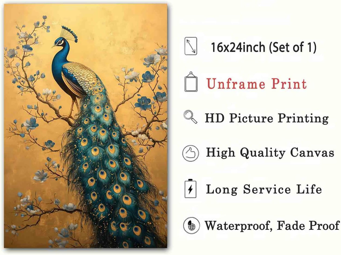 Elegance Peacock Wall Art Blue Peacock Painting Abstract Bird Wall Art Vintage Bird Poster Vintage Animal Picture Blue Animal Print Flower Modern Abstract Living Room Decor 16x24inch No Frame