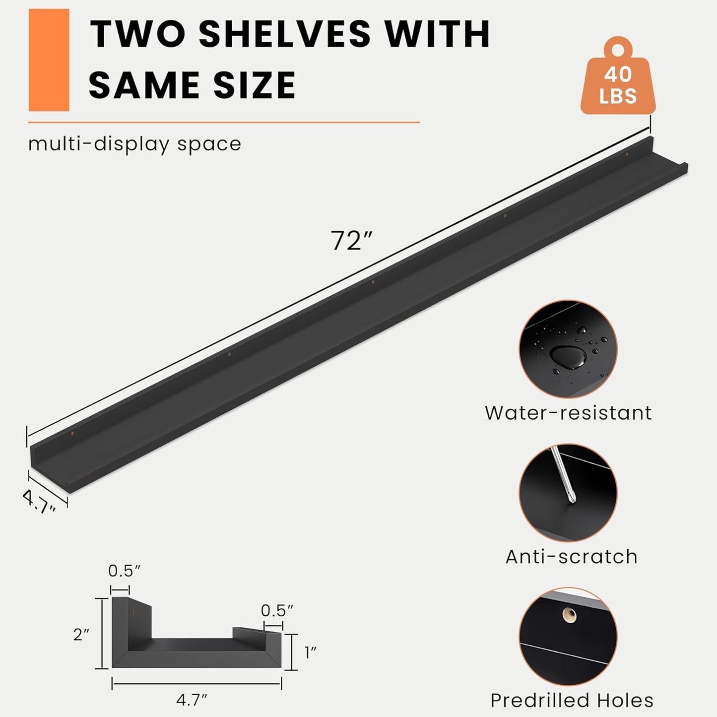 Heimlove Picture Ledge Shelf, Floating Shelves Set of 2, 72 Inches Long Large Picture Shelf for Wall with Ledge, Kids Bookshelf Wall Mounted for Living Room Bedroom Decor Books Photo Frames, Black