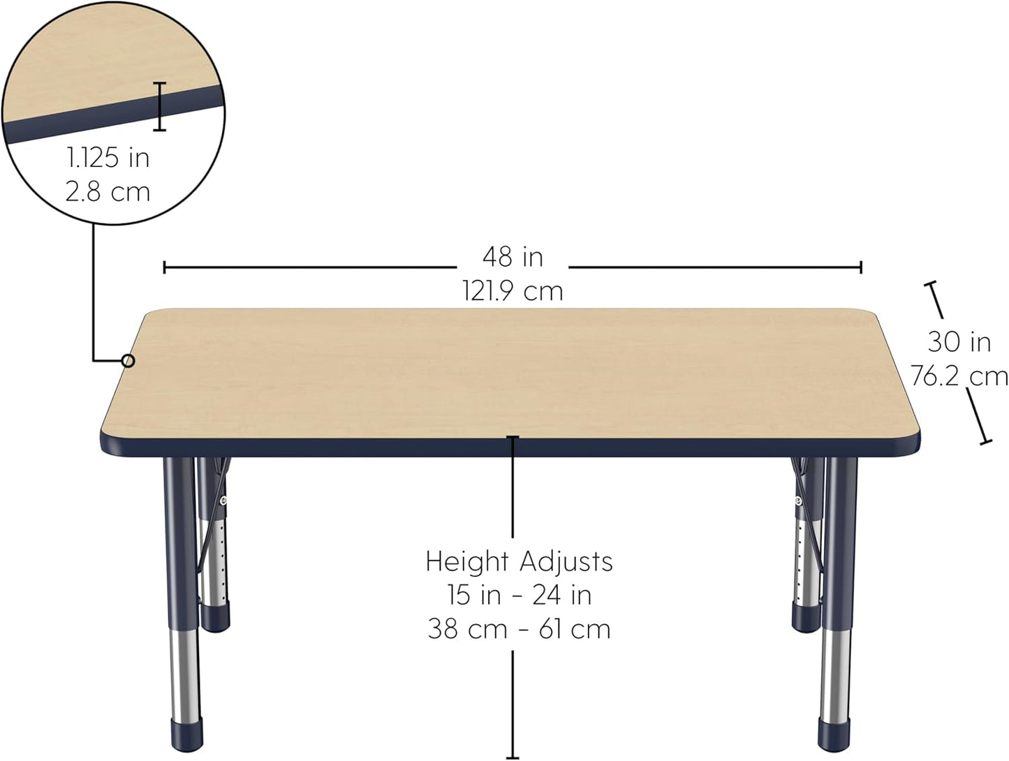FDP Rectangle Activity School and Classroom Kids Table (30 x 48 inch), Chunky Toddler Legs, Adjustable Height 15-24 inches - Maple Top and Navy Edge
