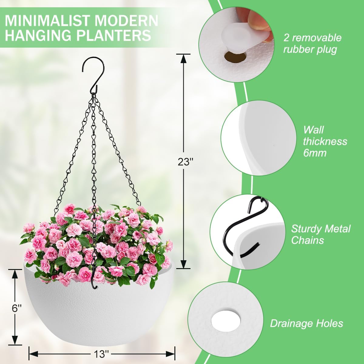 12 inch Hanging Planters for Indoor Plants, 2 Pack Planters for Outdoor Plants with Drainage Holes and Chain, Round Plastic Hanging Baskets, Hanging Flower Pots for Balcony Garden Decor-White