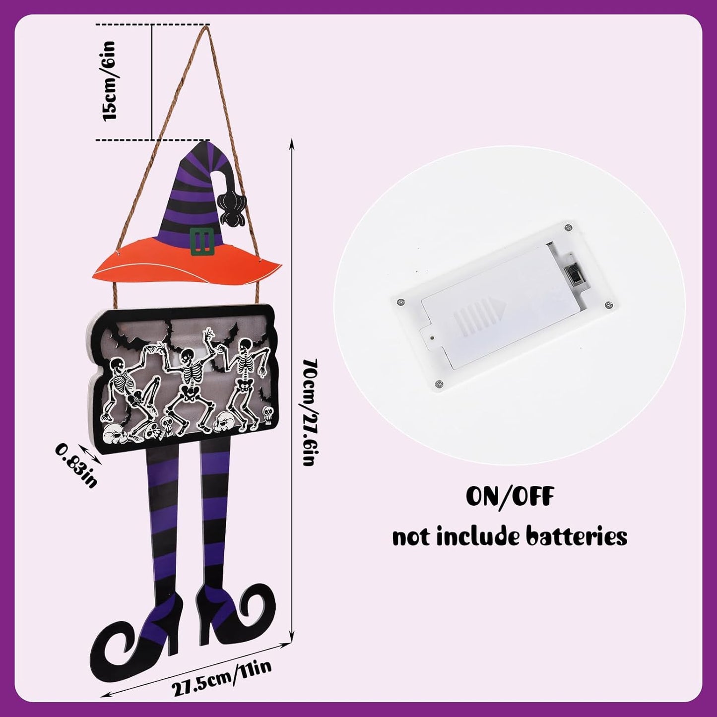 FINGOOO Halloween Door Hanging Sign, Large Witch Skeleton Halloween Door Hanger with Light for Front Door Decor