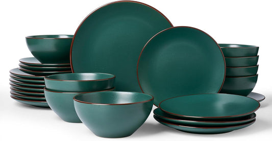 Famiware Venus Ceramic Plates and Bowls Sets, Speckled Dinnerware Dish Sets for 8 (24 Pieces) - Microwave and Dishwasher Safe, Matte Dark Green