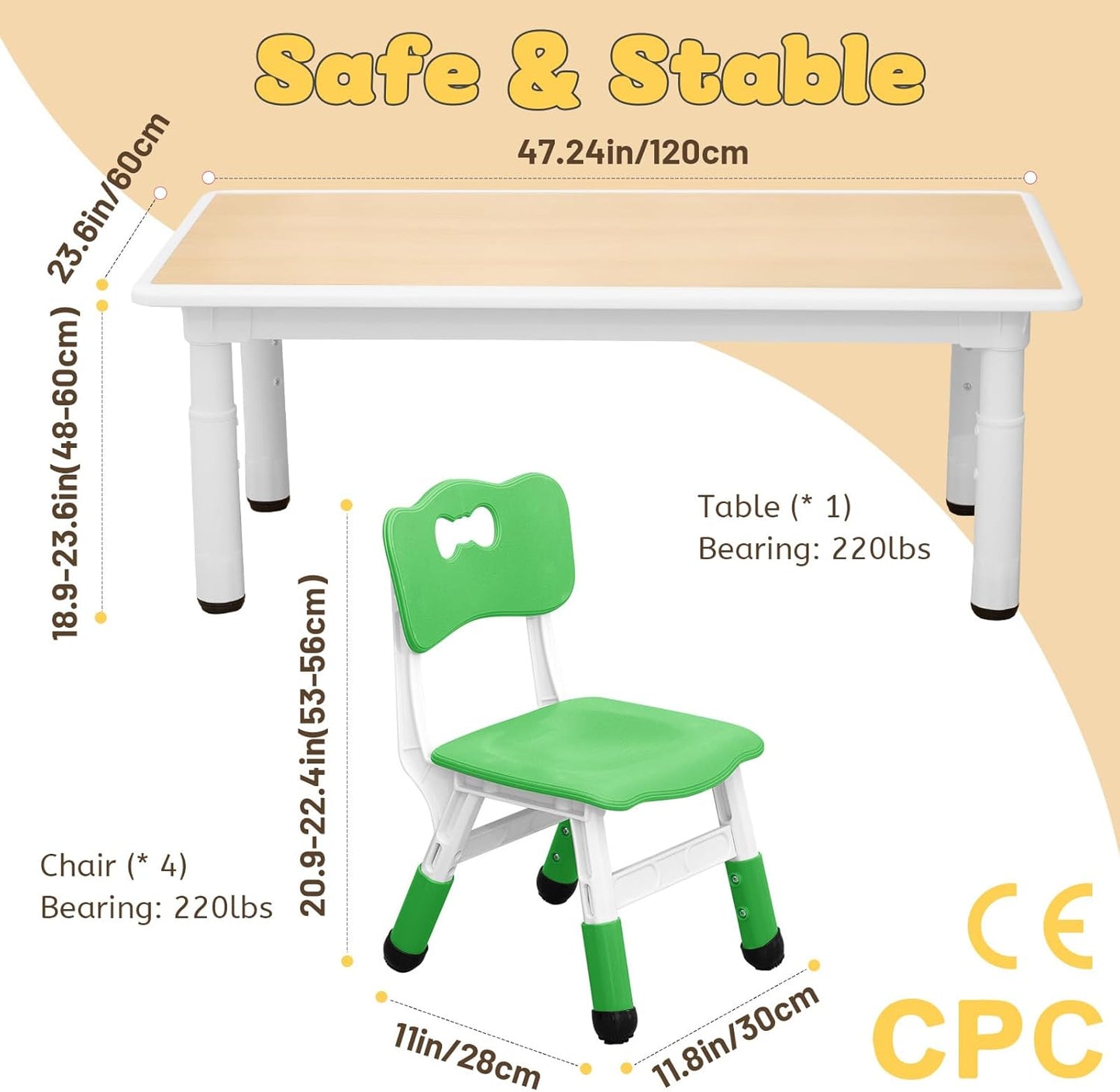 FUNLIO Kids Table and 4 Chairs Set for Ages 3-8, Height Adjustable Toddler Table and Chair Set, Easy to Wipe Arts & Crafts Table, for Classrooms/Daycares/Homes, CPC & CE Approved(5 pcs Set)-Multicolor