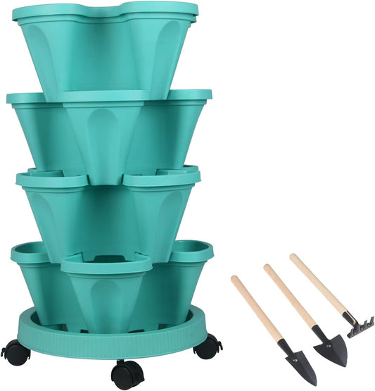 DUNCHATY Stackable Planter, Vertical Garden Planter with Wheels and Tools, Self Watering Strawberry Planter Indoor/Outdoor 4 Tier Herb Planter Pots for Growing Vegetables and Succulents, Teal