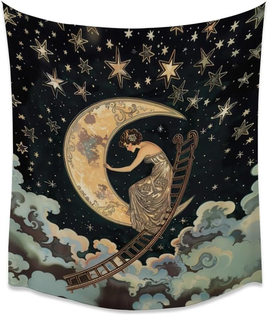 Dark Academia Gothic Aesthetic Tapestry ladder to The Moon and Stars Wall Hanging Print Trendy Vintage Art Nouveau Tapestries Decor for Home Bedroom Living Room 60x80inch