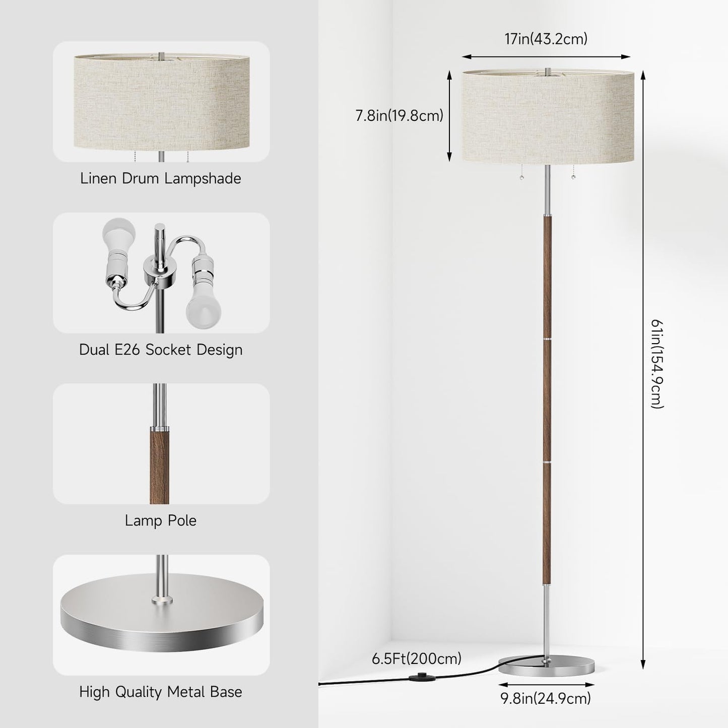 2-Light Floor Lamp, Mid Century Floor Lamp with Beige Lampshade, Standing Lamp Tall Lamp for Living Room Bedroom, 3 Color Temperatures 9W Bulb Include