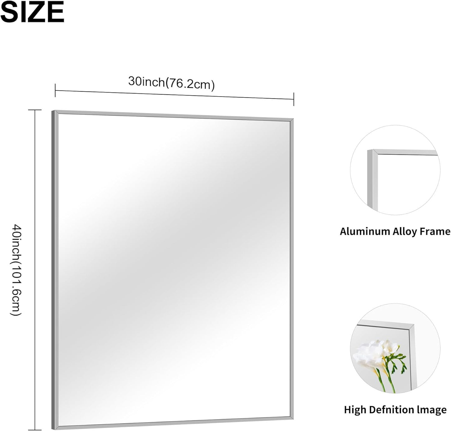 30x40In Silver Bathroom Mirror for Wall, Brushed Nickel Rectangle Mirrors with Metal Frame, Bathroom Rectangular Mirror Modern Wall Mirror for Bedroom Living Room, Hangs Horizontal or Vertical