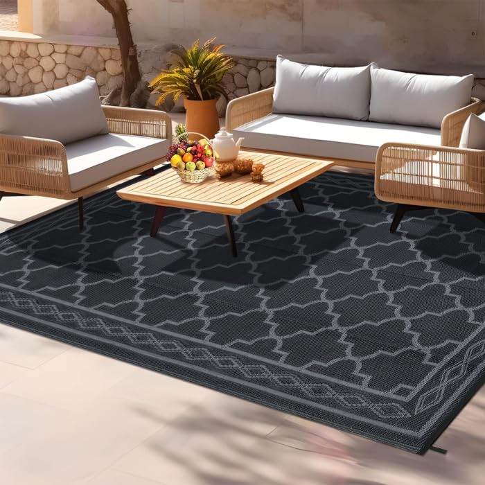 GAOMON Reversible Outdoor Rug 9'x18' Waterproof Plastic Straw Rug, Patio Rug, Large Modern Area Rug Carpet, Indoor Outdoor Rugs for Camping, Porch, Deck, Balcony, Backyard, Black/Grey(Geometric)