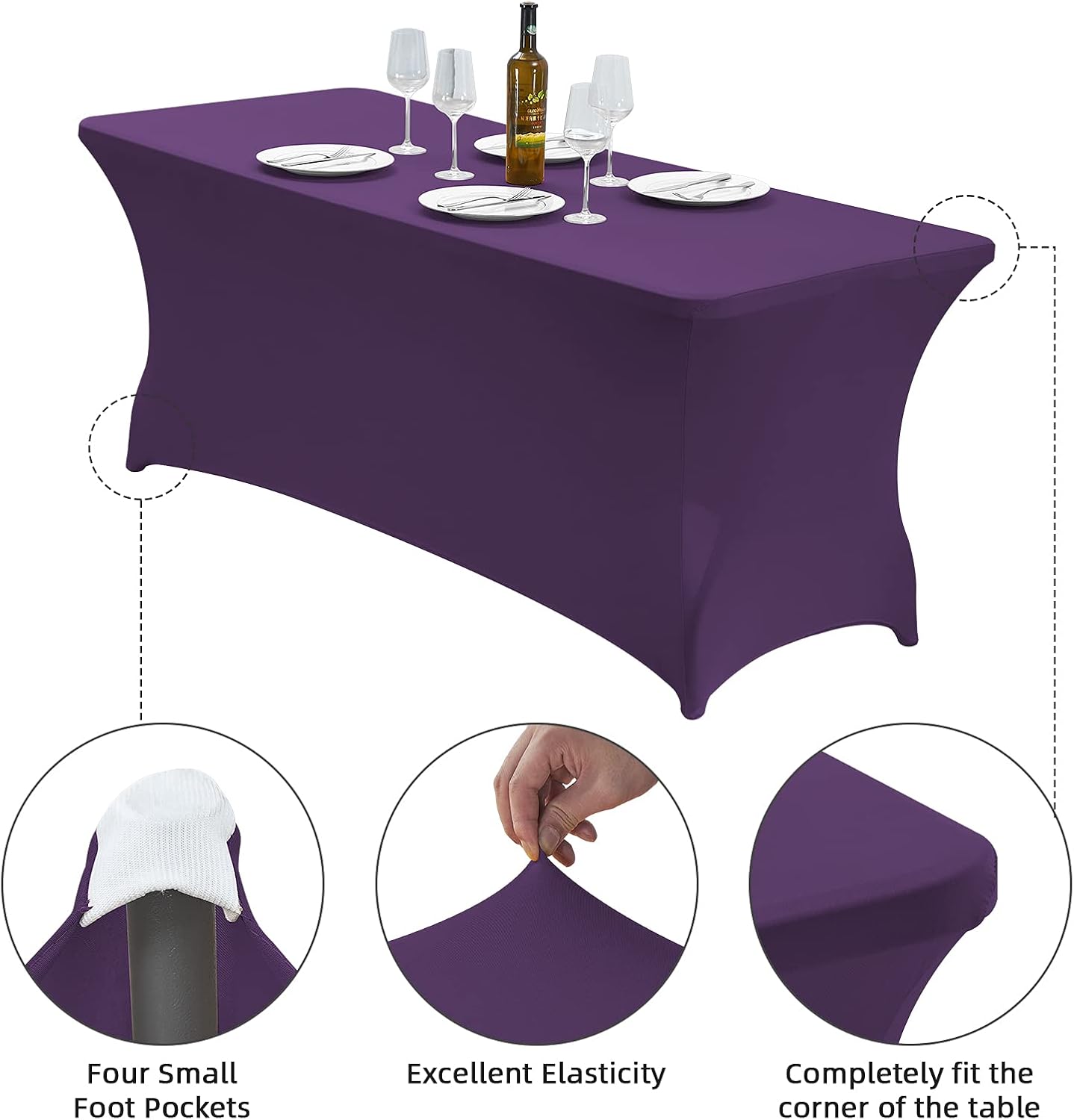 CWK 8FT Waterproof Stretch Spandex Table Cover for Rectangular Tables - Elastic Fitted Tablecloth for Folding Tables,Wrinkle Resistant Table Cloth for Parties, Weddings, Banquets & Events (Dark Puple)
