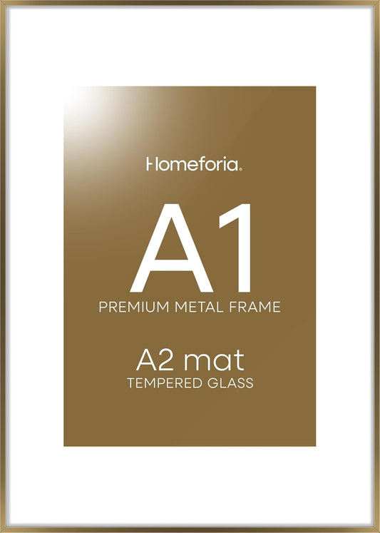 Homeforia A1 Poster Frame Bronze, High End Metal 23.4 x 33.1 inch Large Picture Frames with Mat for 16.5 x 23.4 Photo, A1 Size Brass Frame Matted to A2 Print, 23.4x33.1 Frame, Tempered Glass, Set of 1