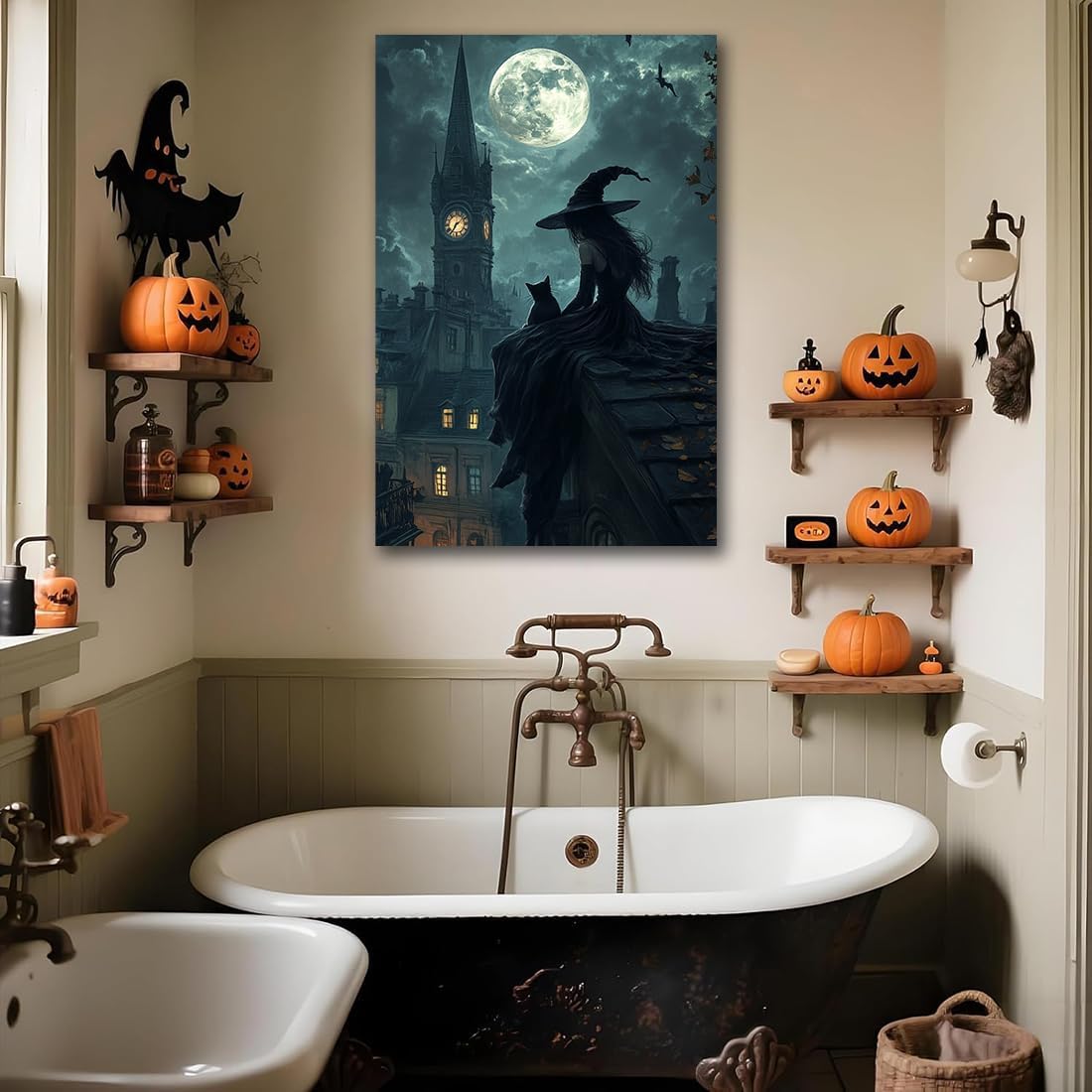 Halloween Witch Black Cat Wall Art,Magical Moon Witch on Roof with Black Cat at Night Scene Painting Haunting Dark Witches Canvas Print for Haunted House Party Decor Poster,24"x36" Framed