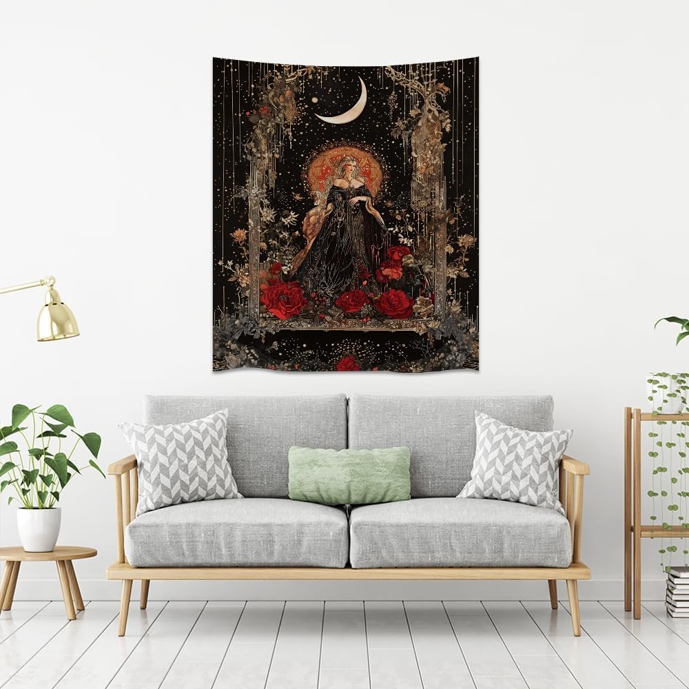 Dark Academia Moon Goddess Tapestry Gothic Fantasy Rose Wall Art Mystical Witchy Woman Print Victorian Artwork Aesthetic Tapestries Wall Hanging for Girls Room Bedroom Decor 60x80inch