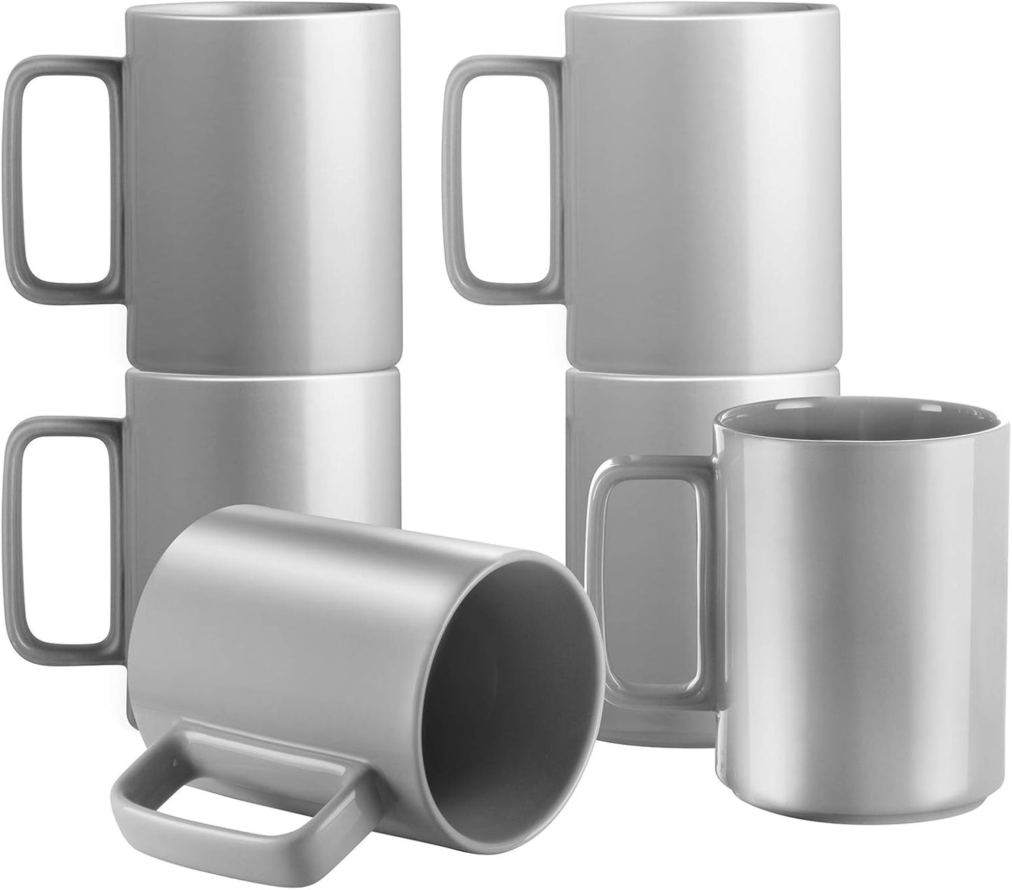 E-liu Porcelain Tea Mugs Coffee Mug Set, Large 15 Ounces Cups for Coffee, Tea, Cocoa, and Mulled Drinks, Set of 6, Grey