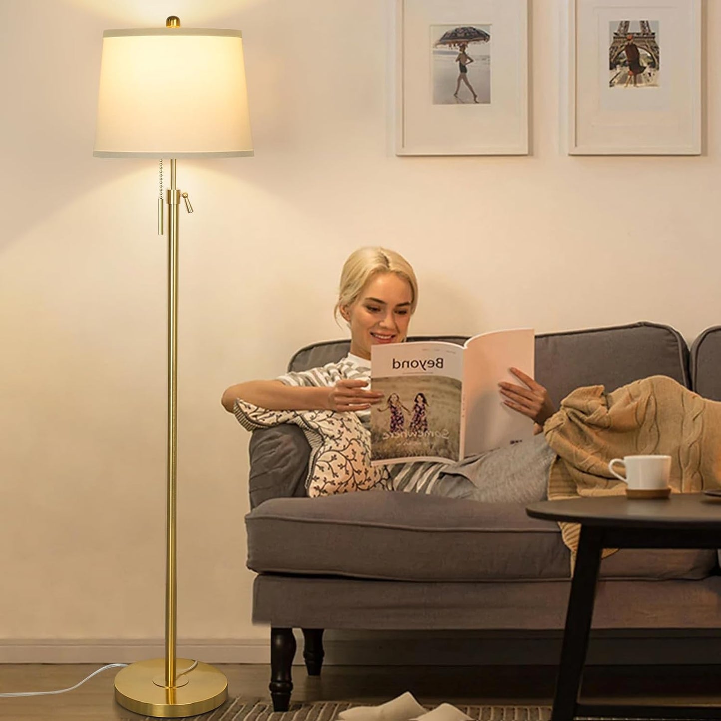 Gold Floor Lamp for Living Room, Tall Standing Lamp 55-65" Adjustable Modern Brass Floor Lamps for Bedroom Reading Office Kids 3 Color Lights Corner Night Stand (9W LED Bulb, White Shade)