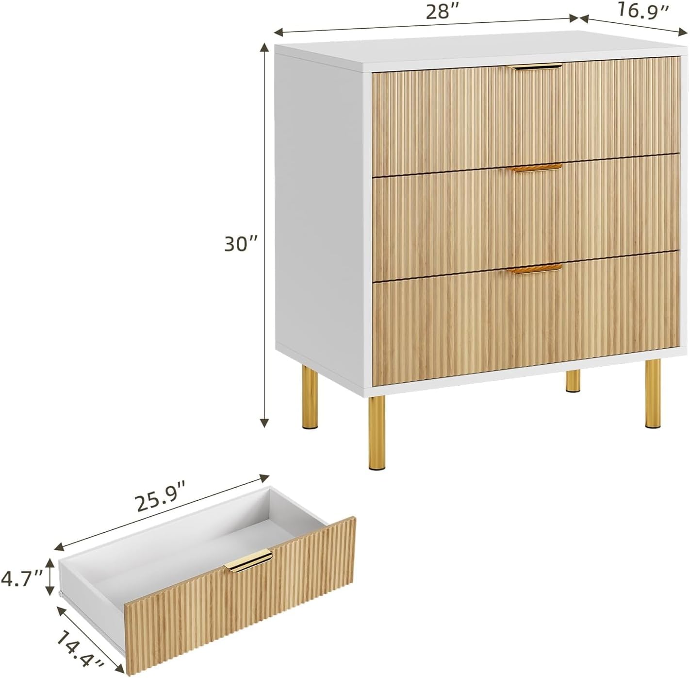 GAOMON 3 Drawer Dresser, Wood Chest of Drawers Organizer Storage with Gold Handle, Small Storage Cabinet, Modern Design Dresser for Bedroom, Living Room, Closet, Hallway, Entryway, Natural