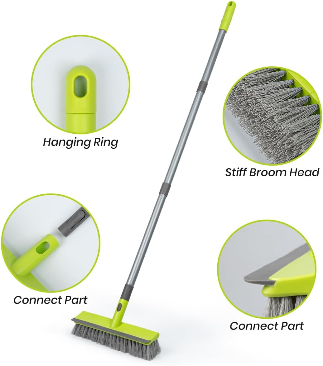 Floor Scrub Brush 2 in 1 Scrape and Stiff Bristle Deck Brush for Cleaning Concrete, Patio, Garage, Kitchen, Carpet and Bathroom 57" Long Handle