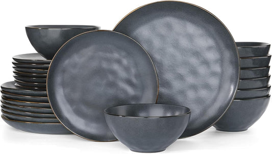 Famiware Dinnerware Sets for 8, Ocean Round 24-Piece Kitchen Plates and Bowls Sets, Microwave and Dishwasher Safe, Scratch Resistant, Matte Black