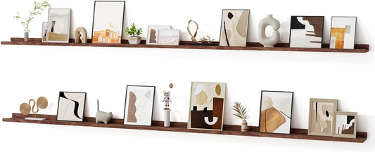 Floating Picture Ledge Shelves for Wall Set of 2, 95 Inches Picture Ledge Shelf with Long Large Nursery Book Shelf for Toys Storage Kids Bookshelf Wall Mounted Living Room Bedroom Decor Frames, Walnut