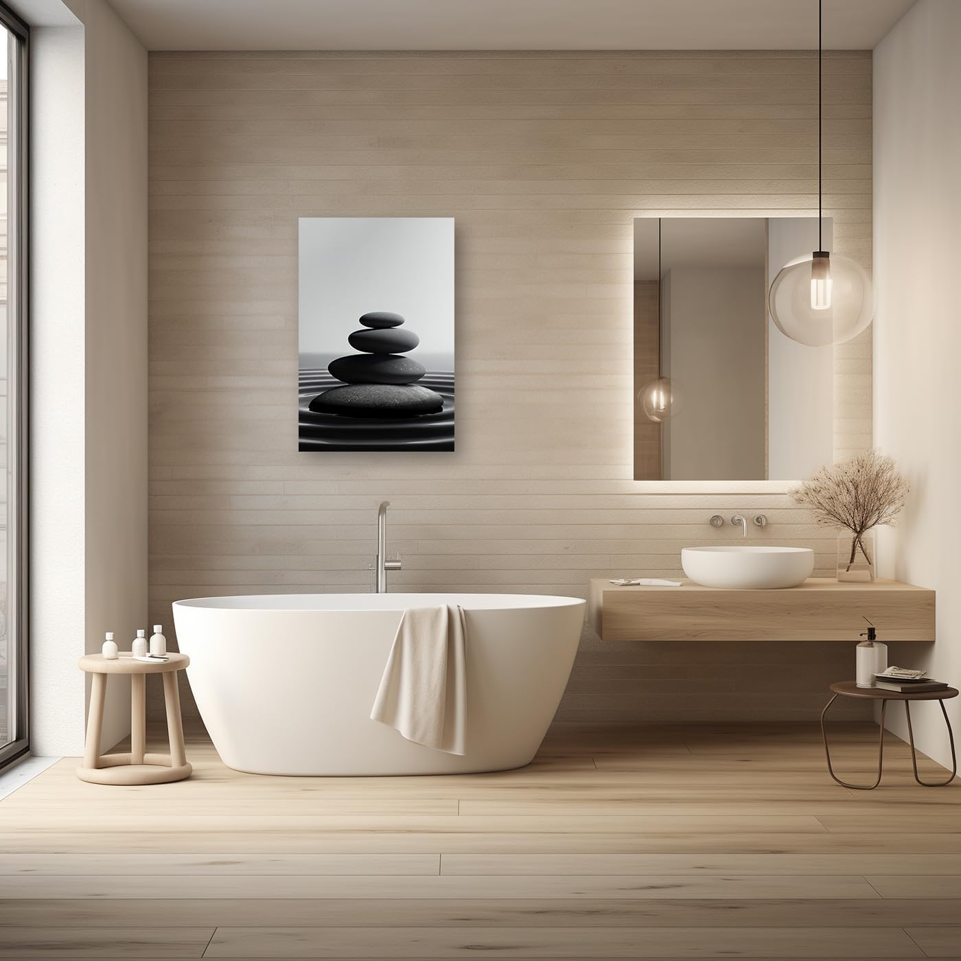 DOARTDO Zen Stone Canvas Wall Art Black and White Spa Stones Picture Print Modern Meditation Spirit Bathroom Decor Frame (16.00" x 24.00", Zen Stone - 1)