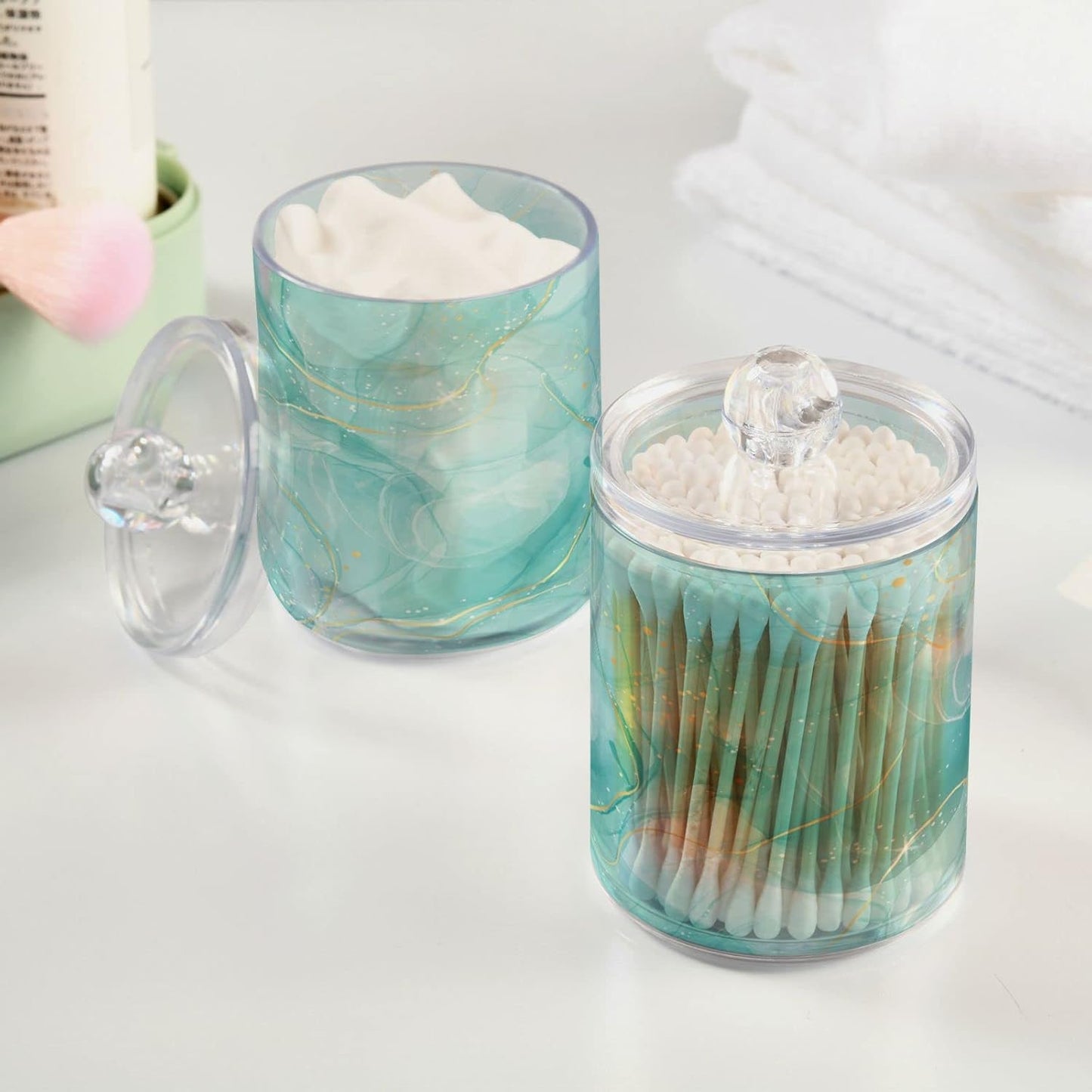 2 Pack Qtip Holder Dispenser Turquoise Marble Bathroom Storage Canister Lid Acrylic Plastic Apothecary Jar Set Vanity Makeup Organizer for Cotton Swabs/Pads/Floss