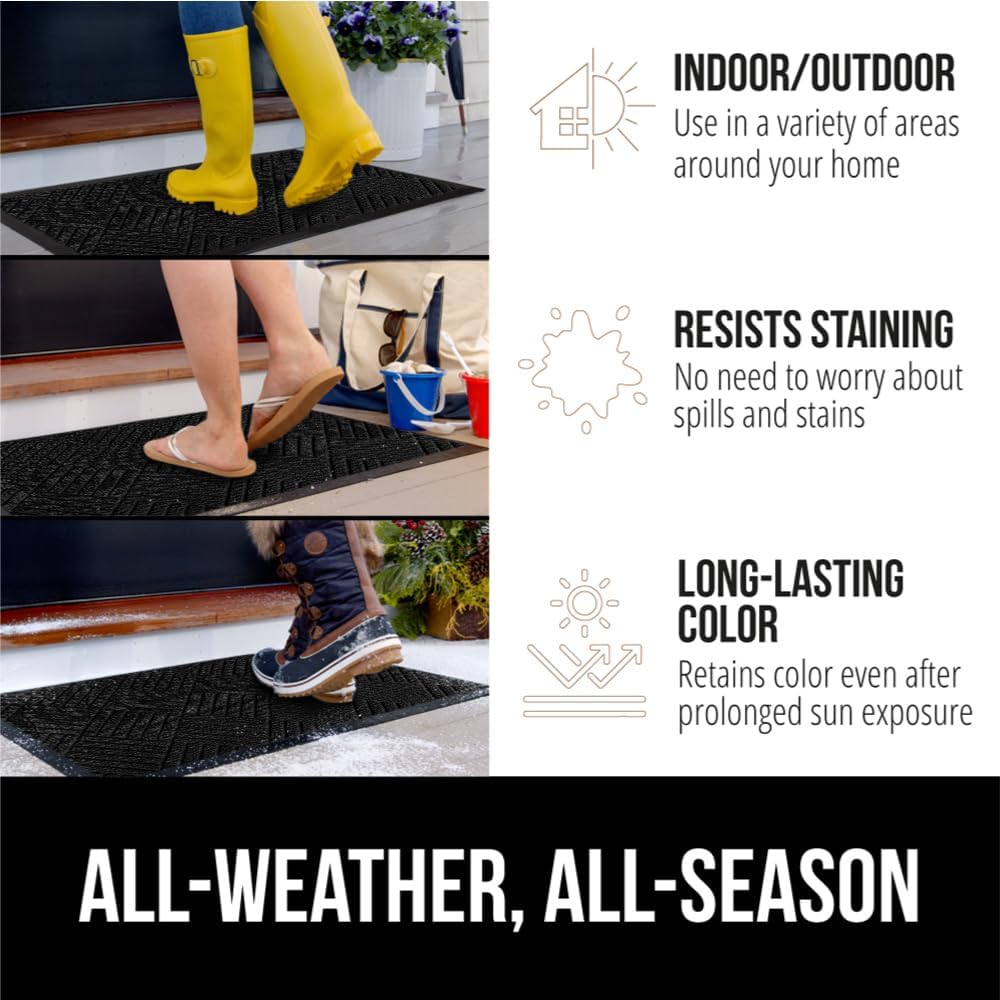 GORILLA GRIP 100% Waterproof All-Season WeatherMax Doormat US Designed Natural Rubber, Stain and Fade Resistant, Low Profile Indoor Outdoor Door Mats, Easy Clean Patio Mat, 17x29, Black Diamond