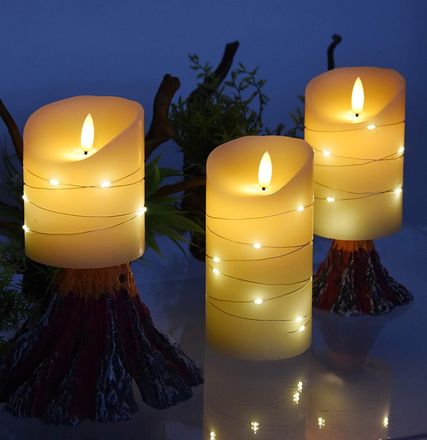 DANIP Ivory LED flameless Candle, with Embedded Star String, 3-Piece LED Candle Set, with 11 Button Remote Control, 24-Hour Timer Function, Dancing Flame, Real Wax, Battery Powered. (Ivory)