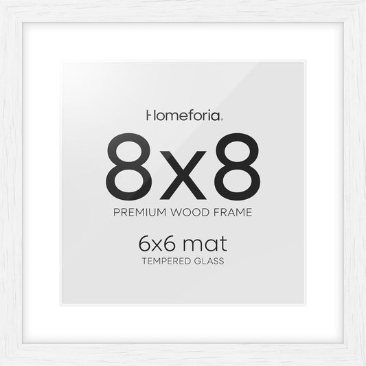 Homeforia 8x8 Picture Frames White, High-End Oak 8 x 8 Square Wood Frame with Mat 6 by 6 Photo, 8x8 Wooden Frames Matted to 6x6 Print, 8by8 Wall or Tabletop Frame, Tempered Glass, Wall Kit, Set of 1