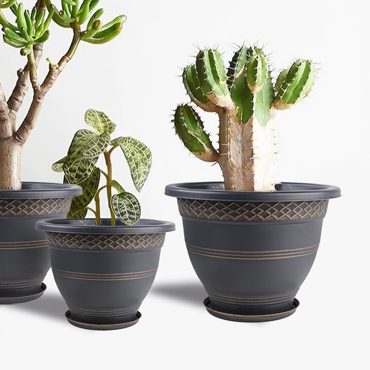 10 Inch 4 Pack Large Plant Pots, Plastic Flower Pot for Indoor & Outdoor with Drainage Holes & Saucer, Plaid Pattern Planters Garden Pots for Herbs