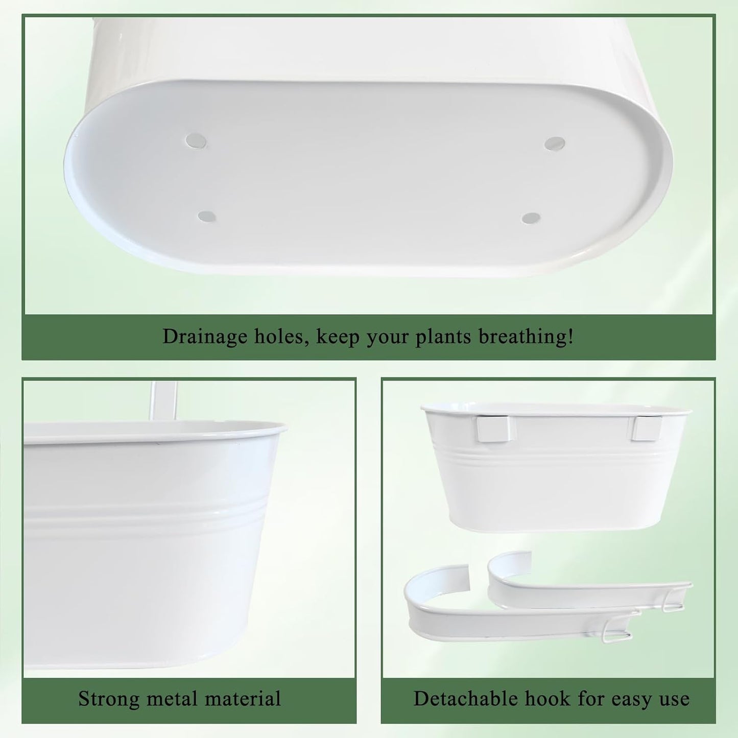 10" Hanging Flower Pots, Pack of 6 White Metal Outdoor Patio Balcony Planter, Railing Planters Fence Pot with Detachable Hook & Drainage Hole for Small Plants (White, 6Pcs)