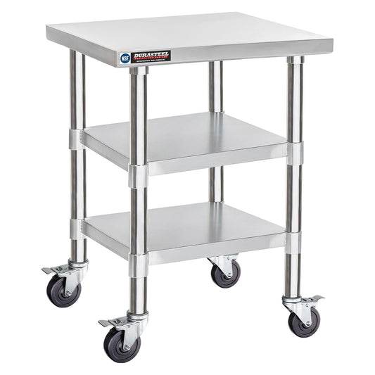 DuraSteel Stainless Steel Work Table 24" x 24" x 34" Height w/ 4 Caster Wheels - Food Prep Commercial Grade Worktable - NSF Certified - Good for Restaurant, Business, Warehouse, Home, Kitchen, Garage
