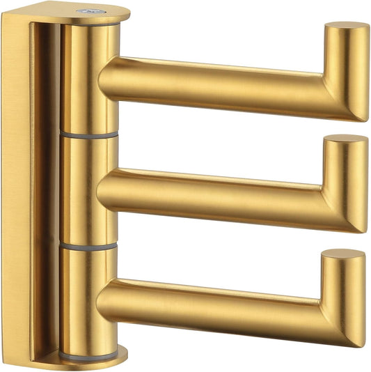 Angle Simple 3 Arms Towel Hook Brushed Gold, 304 Stainless Steel Swivel Triple Towel Holder, Folding Bathroom Hook, Wall Mount