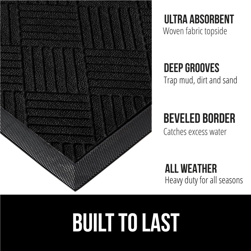 GORILLA GRIP 100% Waterproof All-Season WeatherMax Doormat US Designed Natural Rubber, Stain and Fade Resistant, Low Profile Indoor Outdoor Door Mats, Easy Clean Patio Mat, 17x29, Black Diamond