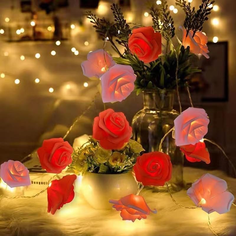 Everlasting Splashes LED Rose Flower Fairy String Lights Battery Operated Warm Flashing Light for Romantic Proposal Wedding Party Birthday Christmas Thanksgiving DIY Indoor OutdoorDecorations (Red)
