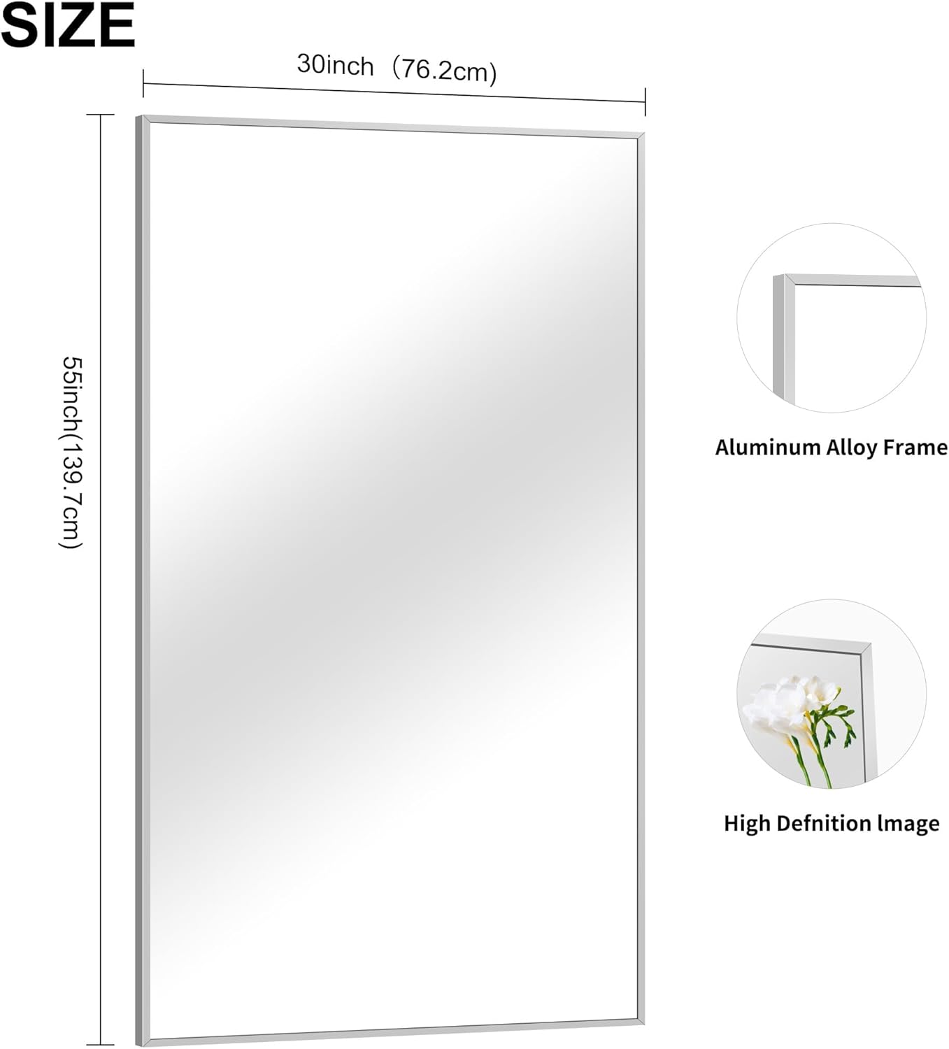 30x55In Silver Bathroom Mirror for Wall, Brushed Nickel Rectangle Mirrors with Metal Frame, Bathroom Rectangular Mirror Modern Wall Mirror for Bedroom Living Room, Hangs Horizontal or Vertical