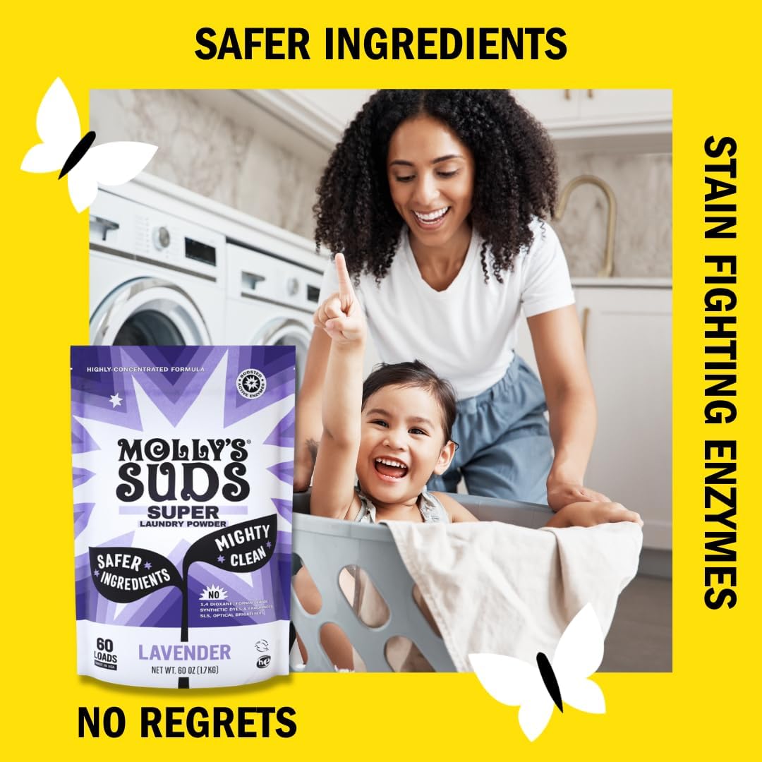 Molly's Suds Super Powder Detergent | Extra Strength Laundry Soap, Stain Fighting | Sensitive Skin | Simple, Effective Ingredients | Lavender, 120 Loads Total (2 Pack)