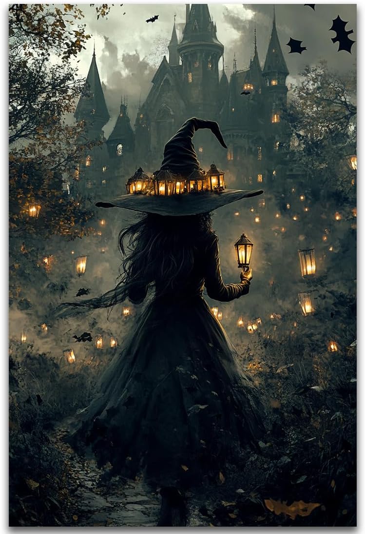 Halloween Witch and Haunted House Canvas Wall Art,Dark Academia Scary Witch Castle Posters Prints,Thriller Horror Gothic Wall Decor Pictures for Halloween Party House Decoration,16"x24" Unframed