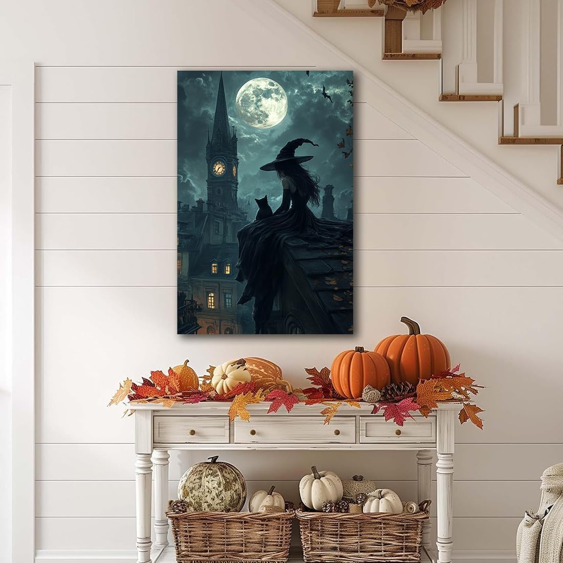 Halloween Witch Black Cat Wall Art,Magical Moon Witch on Roof with Black Cat at Night Scene Painting Haunting Dark Witches Canvas Print for Haunted House Party Decor Poster,8"x12" Framed