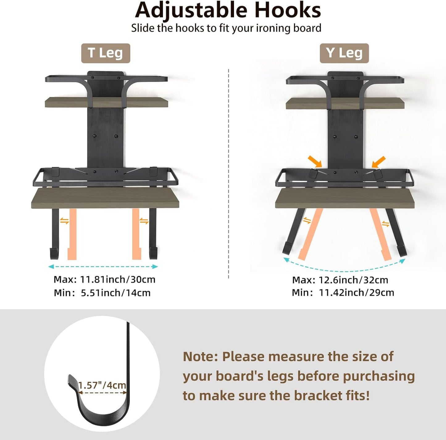 VINAEMO Ironing Board Hanger Wall Mount, 2-Layer Iron and Ironing Board Holder, Laundry Room Shelves Solid Wood with Removable Hooks Home Organization and Storage