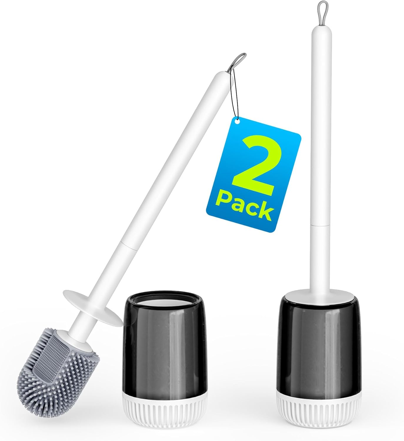 Silicone Toilet Brush and Holder Set with L-Shaped Brush Head, Wall Mounted Toilet Brush Set with Long Non-Slip Handles, Compact Toilet Bowl Cleaner Brush Suitable for RV Trailers & Bathroom (2 Pack)
