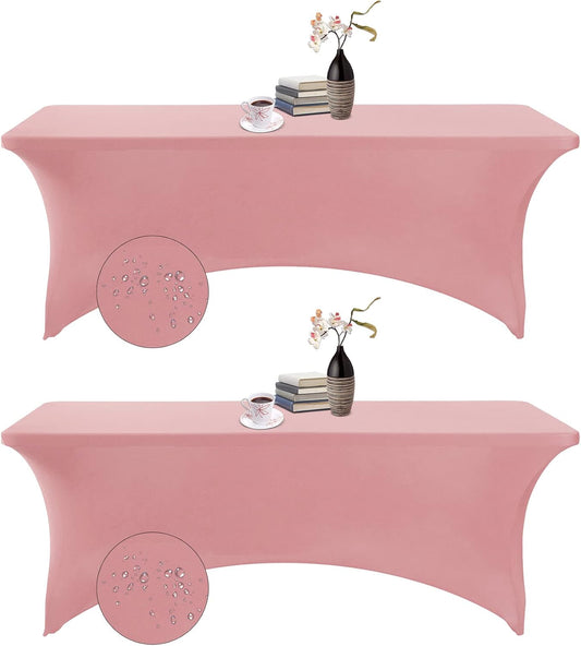 2Pack Spandex Waterproof Table Covers 8ft，Spandex 8ft Waterproof Table Cover for Party,Wedding, Banquet, and Events(Dusty Pink)