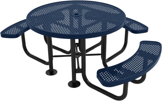 Heavy-Duty Portable Outdoor Picnic Table with Umbrella Hole, Punched Steel Patio Dining Furniture Made in America (46" Round Top, Textured Dark Blue)
