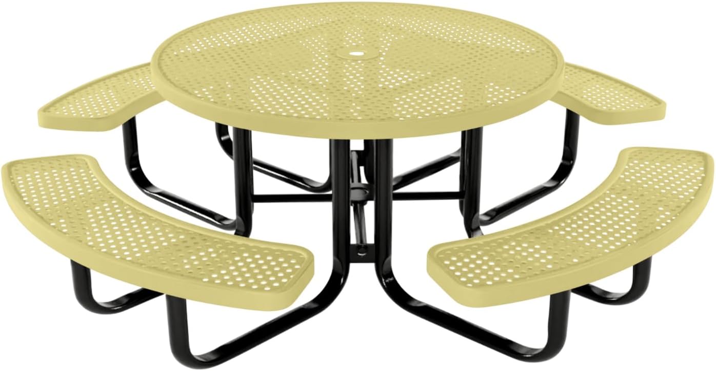 Heavy-Duty Portable Outdoor Kids Table with Umbrella Hole, Punched Steel Kids Picnic Table, Commercial-Grade, Made in America (46 in, Round, Childrens, Textured Sandstone)