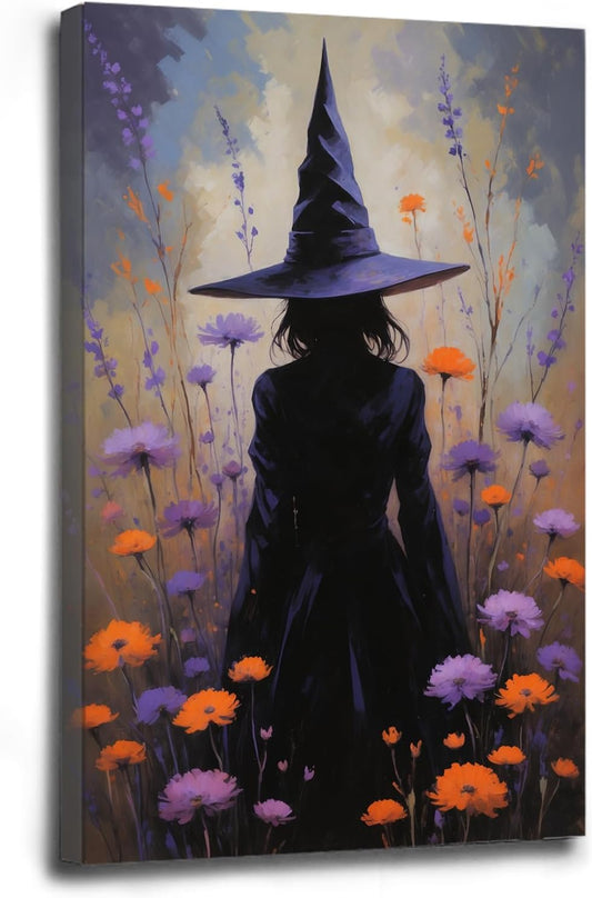 Country wildflower witch canvas print halloween mashup art witch purple decoration bohemian elegant art poster16x24in Wood Framed