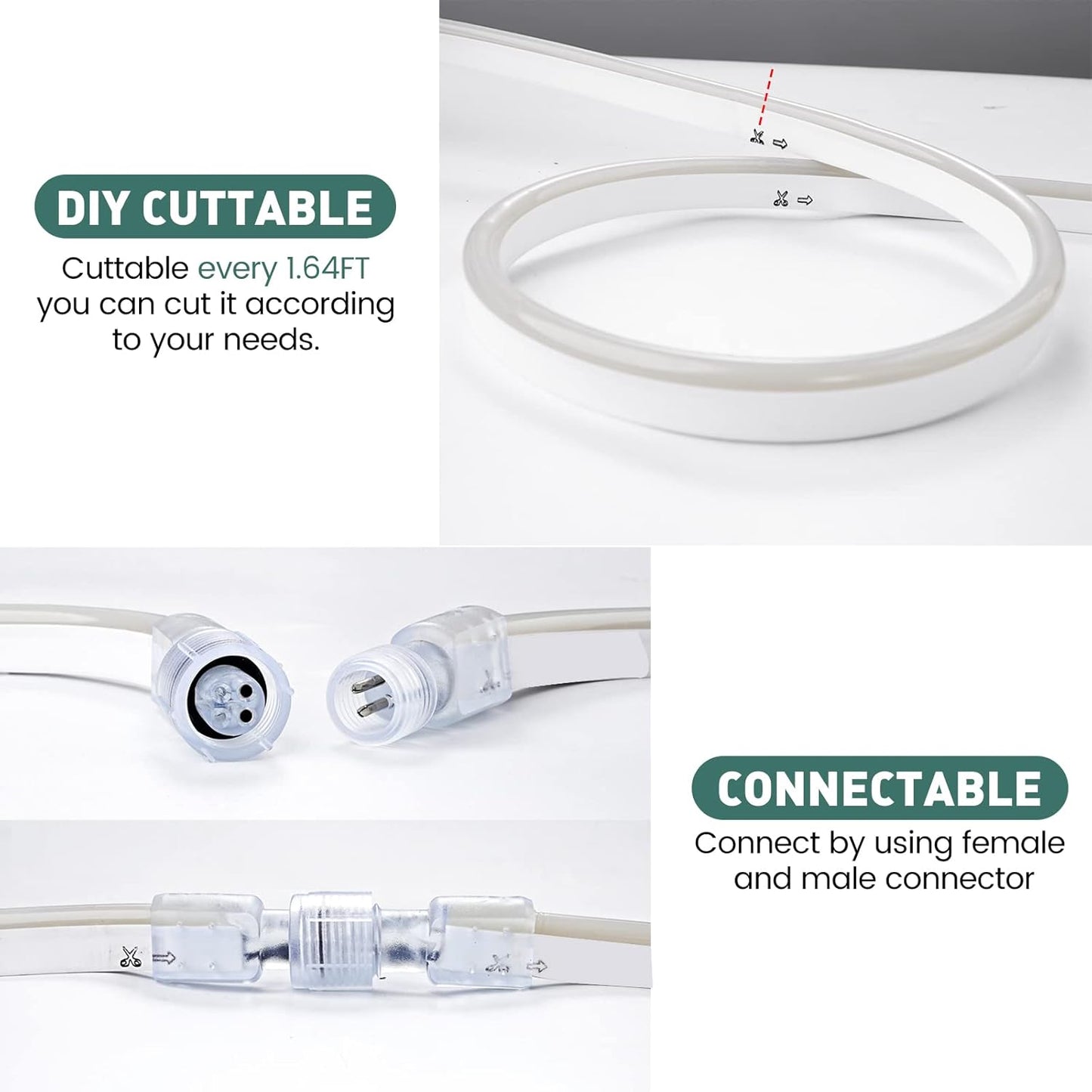 GZBtech Flexible LED Neon Rope Lights 50FT,AC 110-120V Waterproof Strip Light, 120 LEDs/M Cuttable Connectable Neon Lighting for Indoor Outdoor Home Decor/Commercial Building Use-Cold White 15M