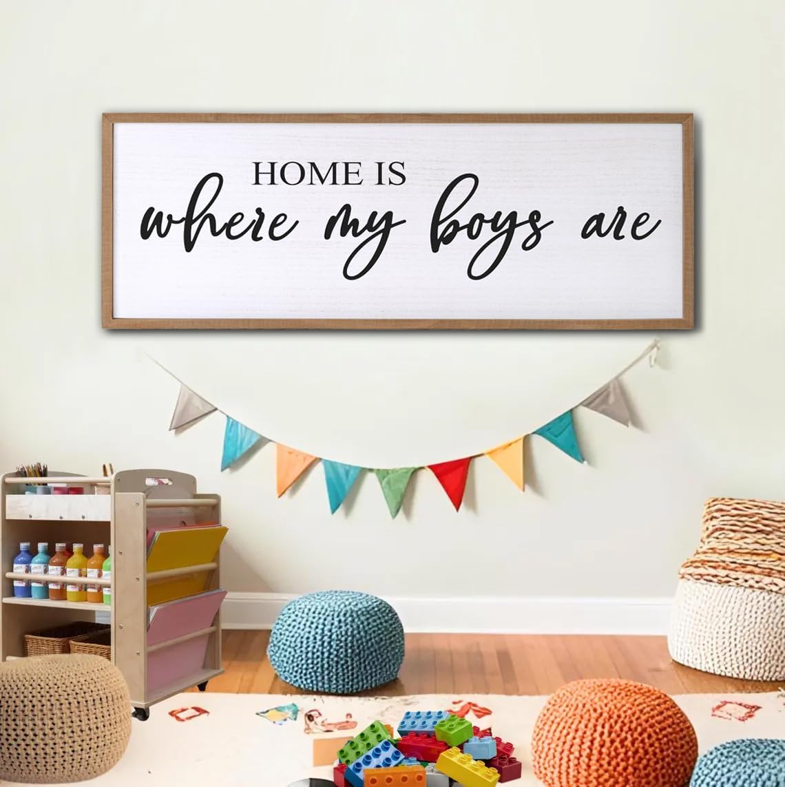 Home is Where My Boys are Sign Framed Wall Art, 32''×12'' Rustic Horizontal My Son Plaque with Natural Frame for Baby Kid Boy Son Teen Toddlers Room, Horizontal Mom of Boys Gifts Nursery Decor