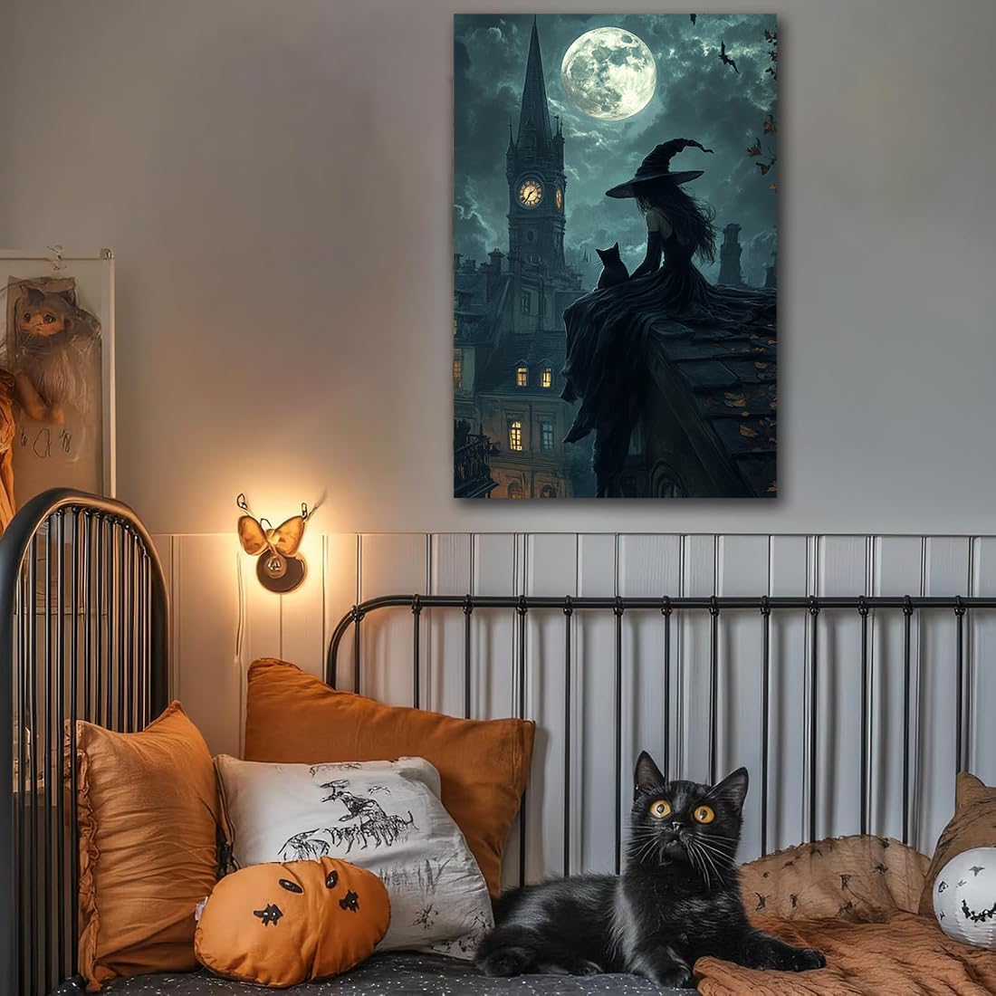 Halloween Witch Black Cat Wall Art,Magical Moon Witch on Roof with Black Cat at Night Scene Painting Haunting Dark Witches Canvas Print for Haunted House Party Decor Poster,20"x30" Unframed