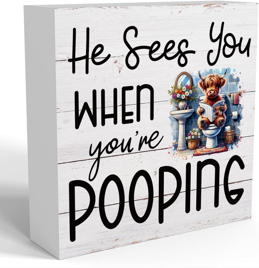 Funny Highland Cow Decor Memorial Day Fourth of July Independence Day Decorations Red White and Blue Decor, Rustic Farmhouse Home Office Wooden Box Sign for Bathroom - He Sees You When You're Pooping